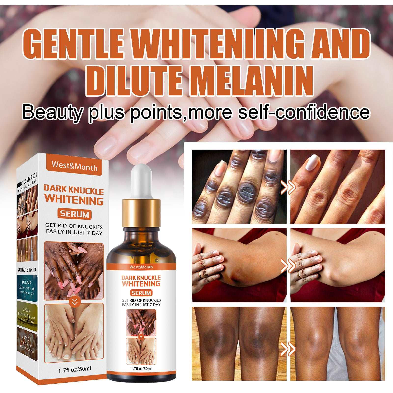Brightens skin tone, knees and ankles, removes melanin, moisturizes